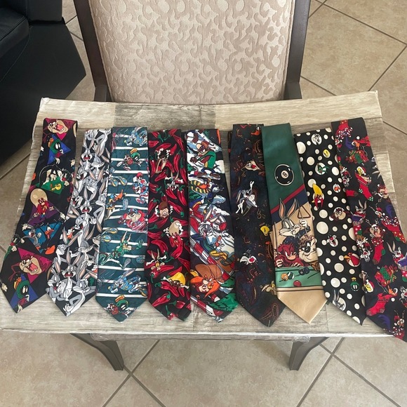 Warner Bros. Other - Vintage Looney Tunes Mania Silk Tie Lot 9pc Bugs Bunny Taz 1990s Warner Bros